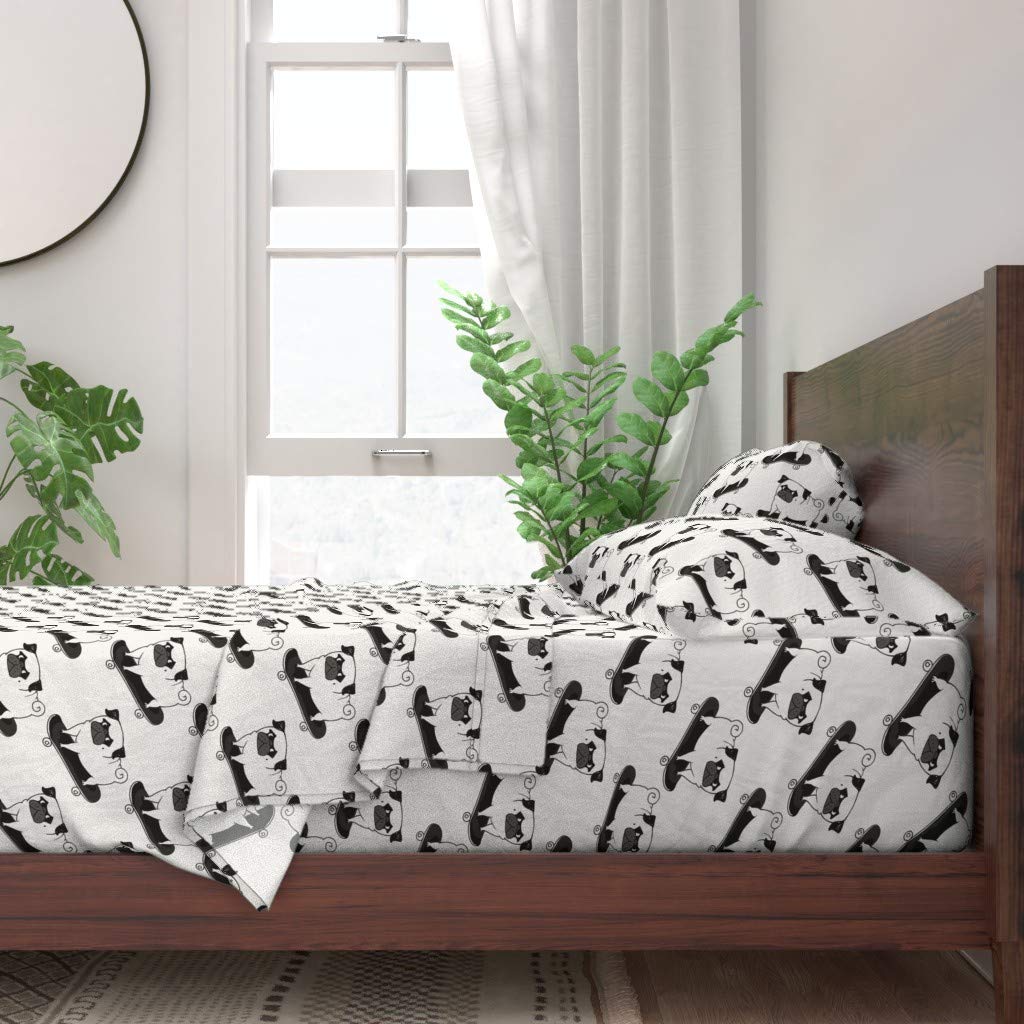 Pug Black & White Kawaii Dog Print 100% Cotton Twin 3-Piece Sheet Set | Funny Animal Skating Design Custom Bedding for Dog Lovers | Perfect for Kids' Rooms, Pet-Themed Decor & Cozy Bedrooms