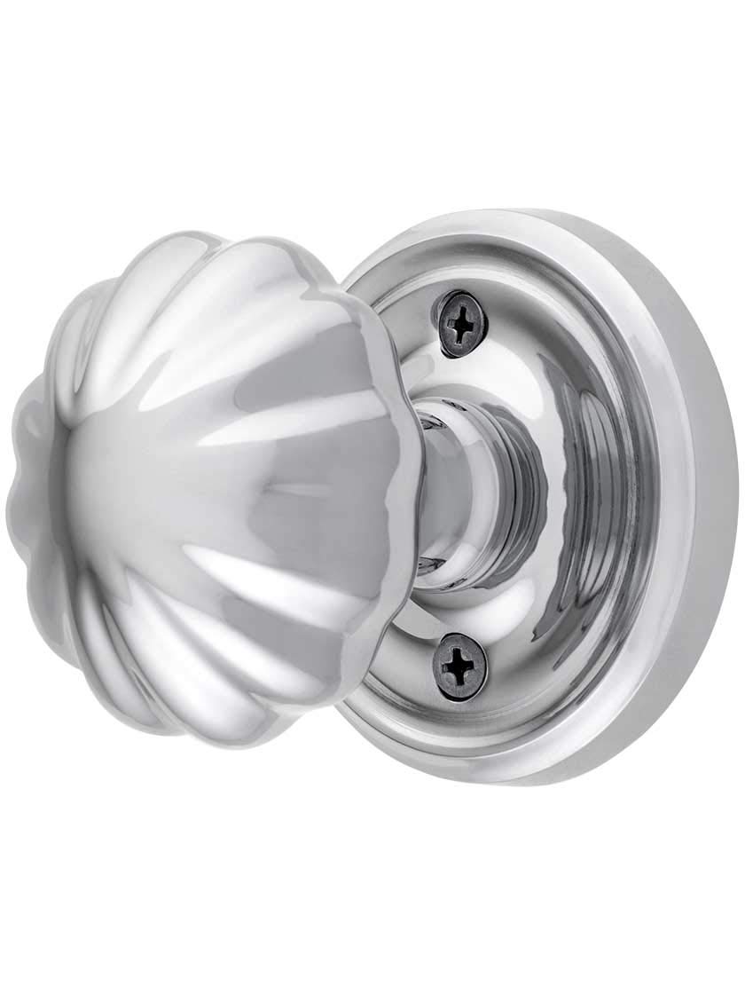Classic Rosette Set with Fluted Brass Knobs - Polished Chrome Privacy Door Handles for Bedroom & Bathroom - Elegant Cabinet Hardware for Home Interior Design