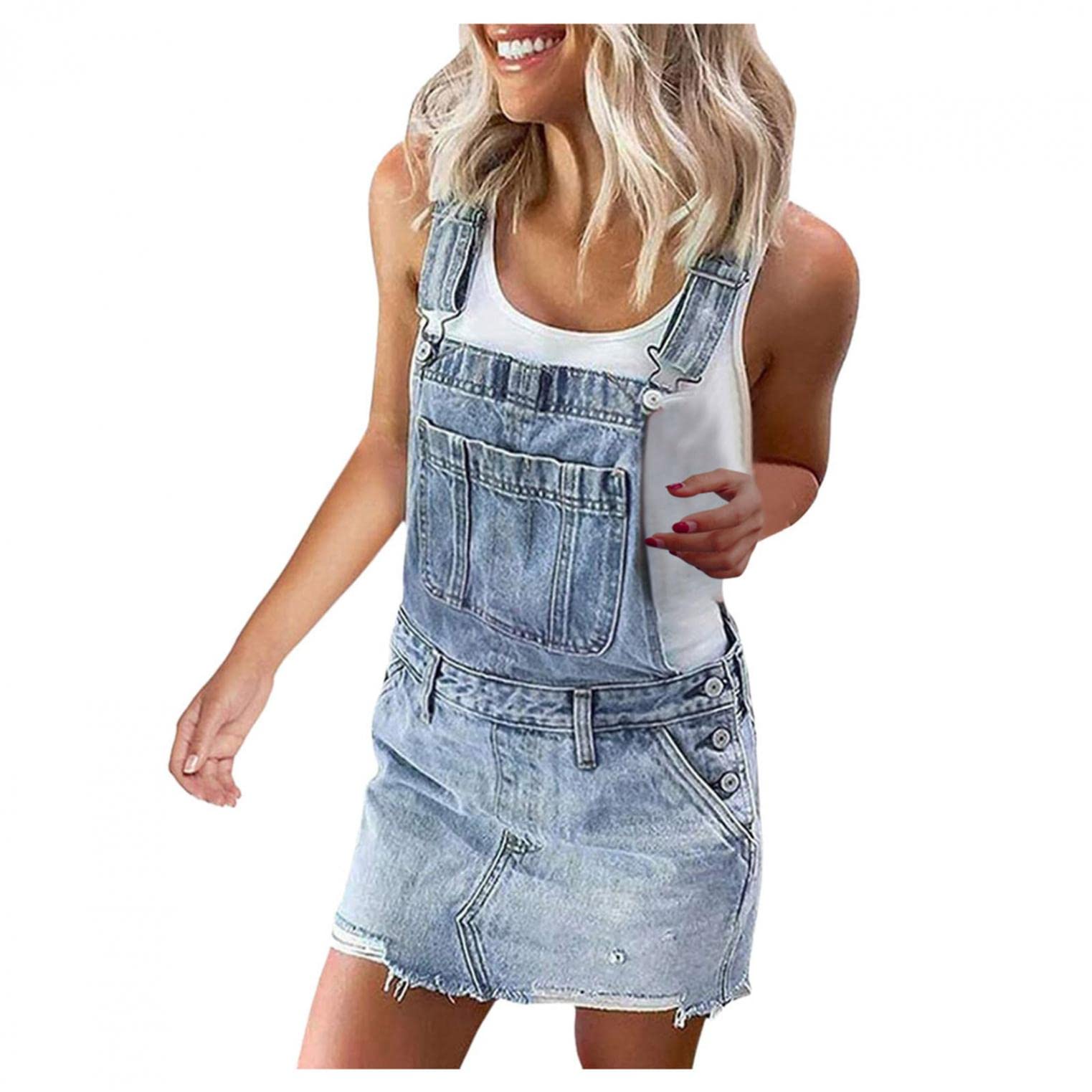 Women's Denim Overalls Dress with Adjustable Straps & Pockets - Frayed Hem Midi Jumpsuit for Casual Outings, Date Nights & Summer Fashion