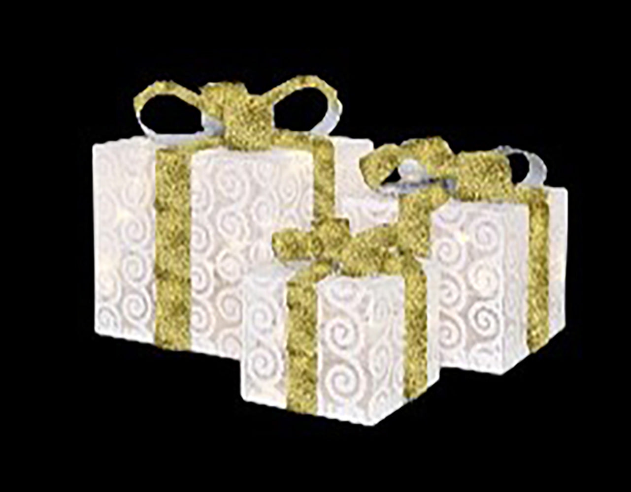 3-Piece Lighted White Gift Box Set with Gold Ribbon and Bow - Perfect for Christmas, Weddings, Birthdays & Special Occasions