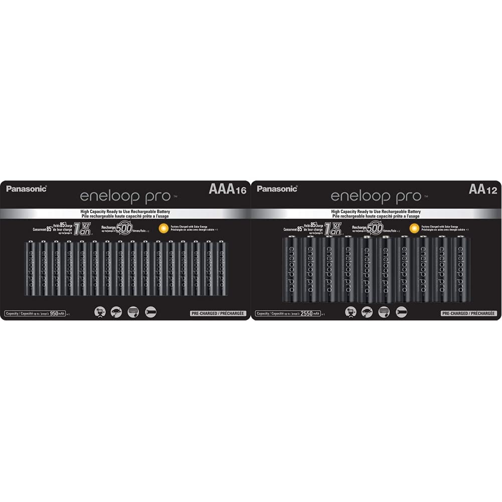Panasonic Eneloop Pro Rechargeable Ni-MH AAA Batteries (BK-4HCCA16FA, 1.2V, 16-Pack) & AA Batteries (BK-3HCCA12FA, 1.2V, 12-Pack) - High-Performance Power for Digital Cameras, Flashlights, and Electronic Devices
