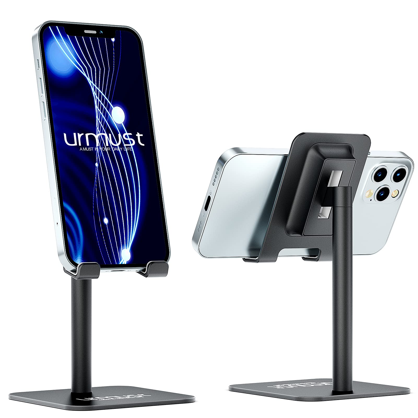 Adjustable Phone Stand Holder for Desk - Urmust 360° Rotating Cell Phone & Tablet Stand for iPhone 14/13/12/11 Pro Max/X/XR/8 Plus/7/6, Samsung, iPad (Black) - Perfect for Office, Home, Video Calls & Hands-Free Viewing