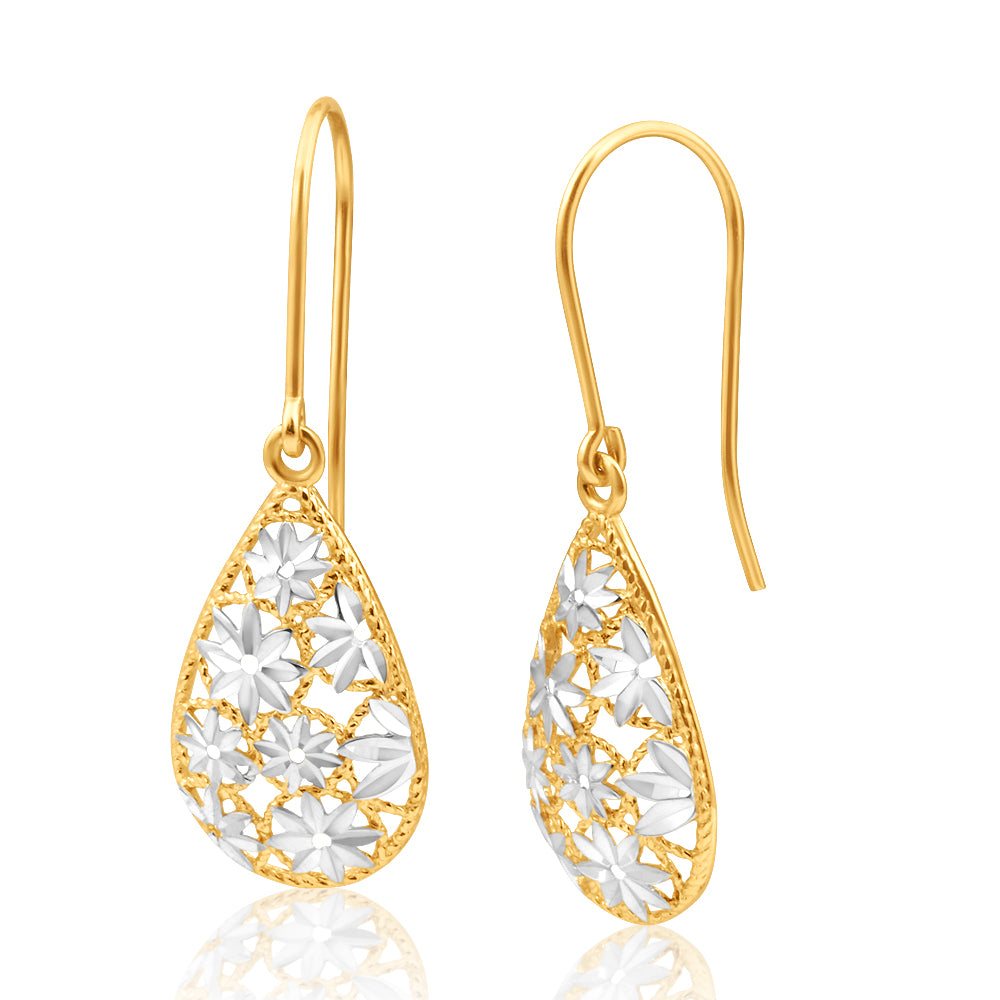 9ct Yellow Gold & White Gold Filigree Flower Teardrop Earrings for Women - Elegant Dangle Earrings for Wedding, Party & Special Occasions