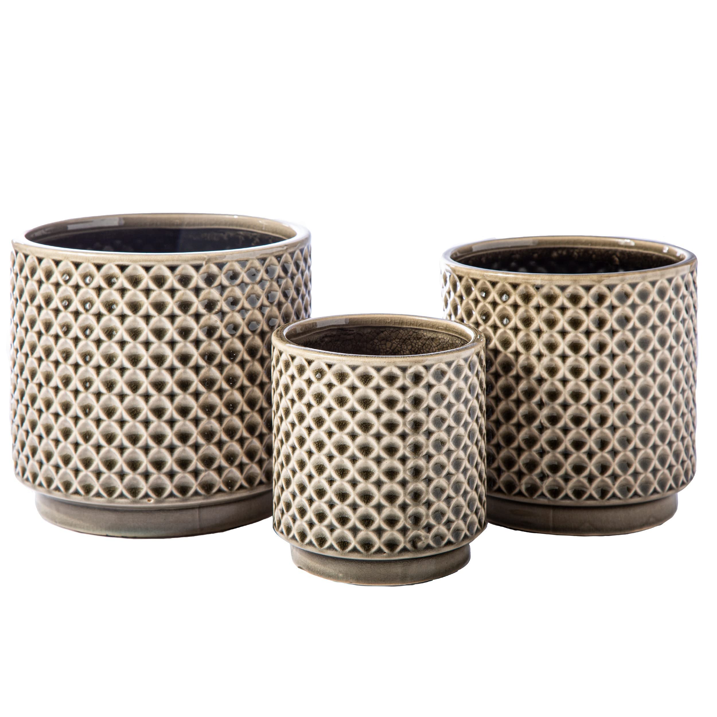 Benjara 7 Inch Round 3 Piece Ceramic Pot Set with Clover Links Pattern, Beige - Perfect for Indoor Plants, Home Decor, and Kitchen Storage | Durable & Stylish Flower Pots for Succulents, Herbs, and Small Plants