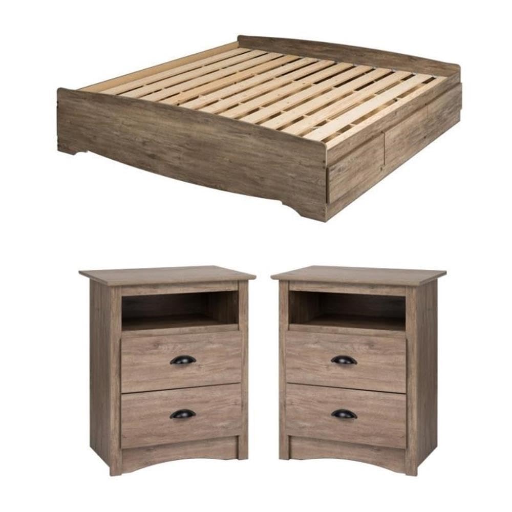 Home Square 3-Piece King Bedroom Set with Storage Platform Bed & 2 Tall Nightstands - Modern Bedroom Furniture for Spacious Master Suite