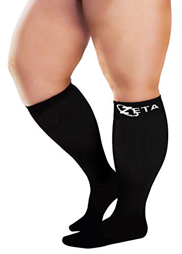 **Zeta Plus Size Leg Sleeve Support Socks – Wide Calf Compression Socks for Men & Women – Cotton-Rich, Graduated Compression for Swelling & Pain Relief – 1 Pair, Small, Black – Ideal for Travel, Work & Sports**
