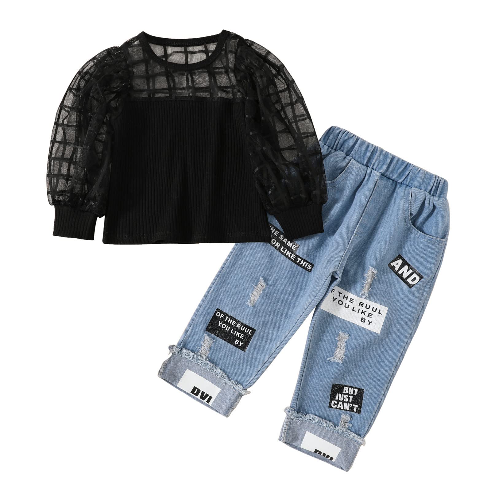 Toddler Girls' Tulle Puff Sleeve Ribbed T-Shirt & Distressed Denim Shorts Set - Summer Baby Outfit for Playdates, Parties & Photo Shoots