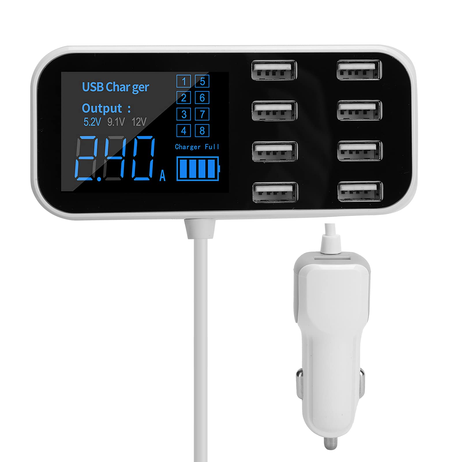 8-Port USB Car Charger with LED Display - Fast Charging DC 12V-24V Cigarette Lighter Adapter for iPhone, Android Phones & Tablets - Perfect for Road Trips & Family Travel