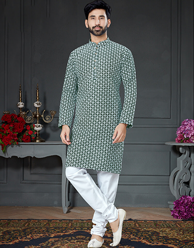 Bottle Green Cotton Art Silk Kurta with Embroidery & Churidar - Elegant Indian Ethnic Wear for Festivals, Weddings & Special Occasions