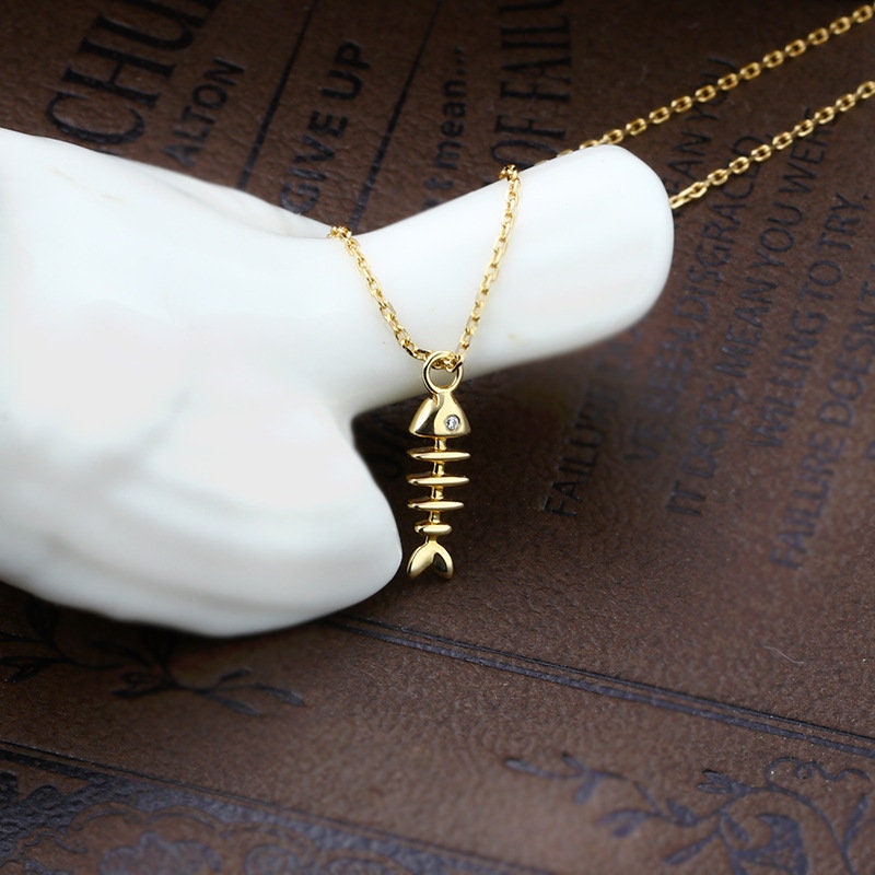 Dainty Fishbone Necklace - 9K/14K/18K Yellow Gold Fish Pendant Charm Necklace, Vintage Christian Jewelry Gift for Women - Perfect for Daily Wear, Parties & Special Occasions