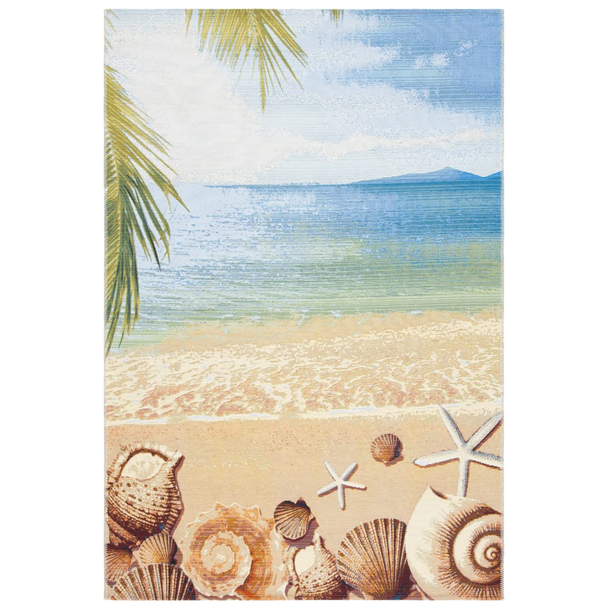 SAFAVIEH Barbados Collection 8' Square Gold & Blue Tropical Beach Seashell Area Rug - Indoor/Outdoor Waterproof, Easy to Clean, Non-Slip Backing - Perfect for Patio, Backyard, Mudroom, Beach House & Coastal Decor