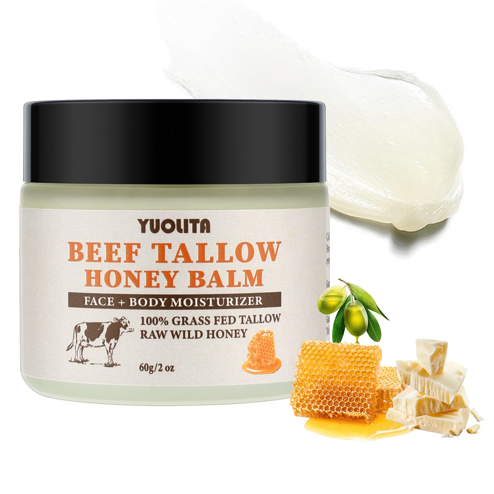 Grass-Fed Beef Tallow & Raw Wild Honey Balm - Unscented All-Natural Moisturizer for Face & Body | Hydrating & Nourishing Skin Care | Perfect for Dry Skin, Eczema & Daily Hydration - 2 oz