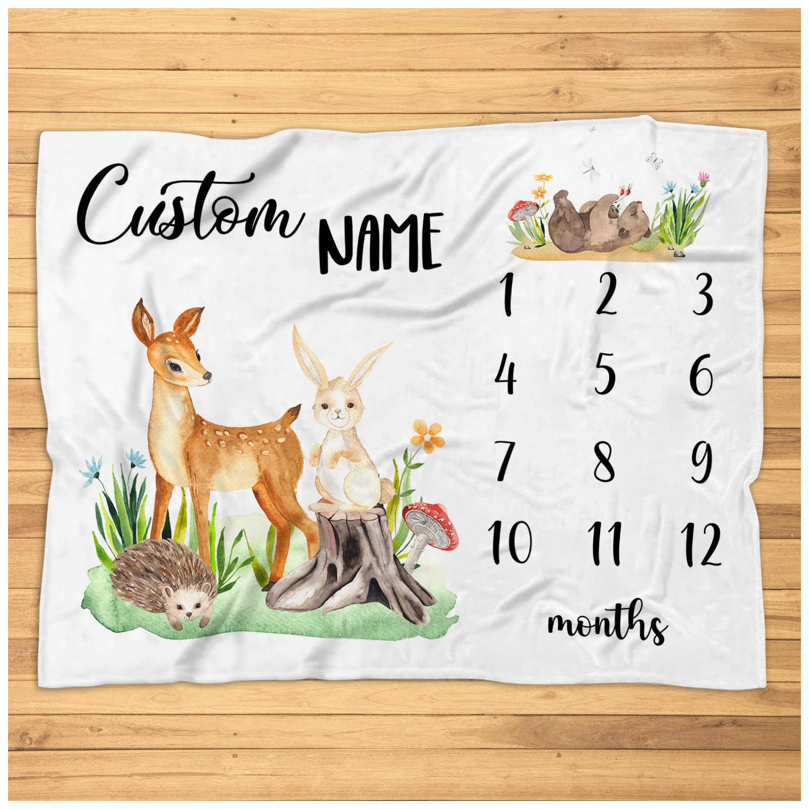 Custom Forest Animals Milestone Blanket - Deer Hedgehog Rabbit Bear Baby Monthly Photo Prop | Soft Plush Fleece Blanket for Newborn Nursery Decor | Perfect for Baby Shower Gifts & First Birthday Photos