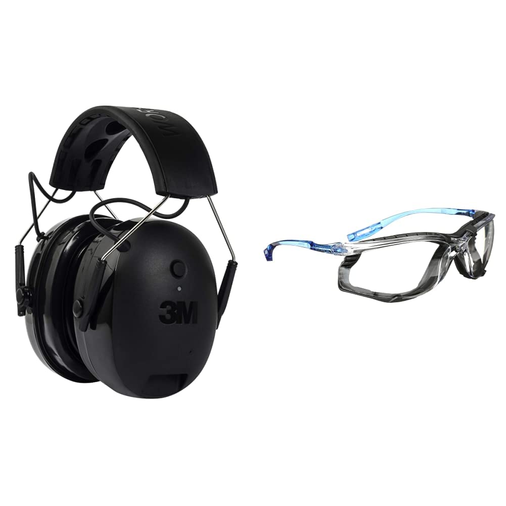 3M WorkTunes Connect Hearing Protector with Gel Ear Cushions & Virtua CCS Safety Glasses - ANSI Z87 Certified, Anti-Fog Clear Lens, Blue Frame - Hearing Protection for Construction, Woodworking, and DIY Projects