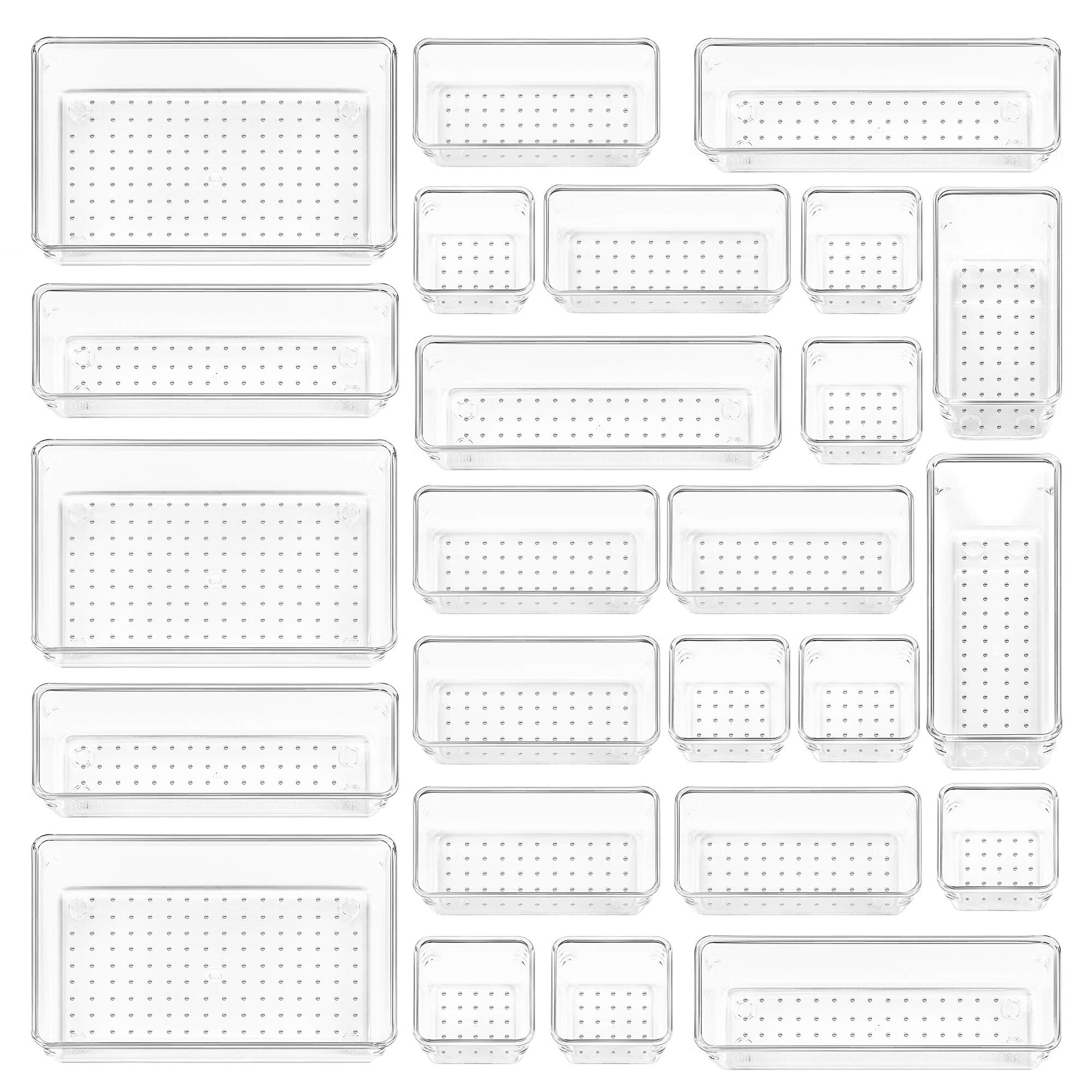 Vtopmart 25-Piece Clear Plastic Drawer Organizer Set - 4-Size Versatile Storage Bins for Makeup, Bathroom, Kitchen & Office - Perfect for Vanity, Bedroom Drawers & Utensil Organization (Home & Office Use)