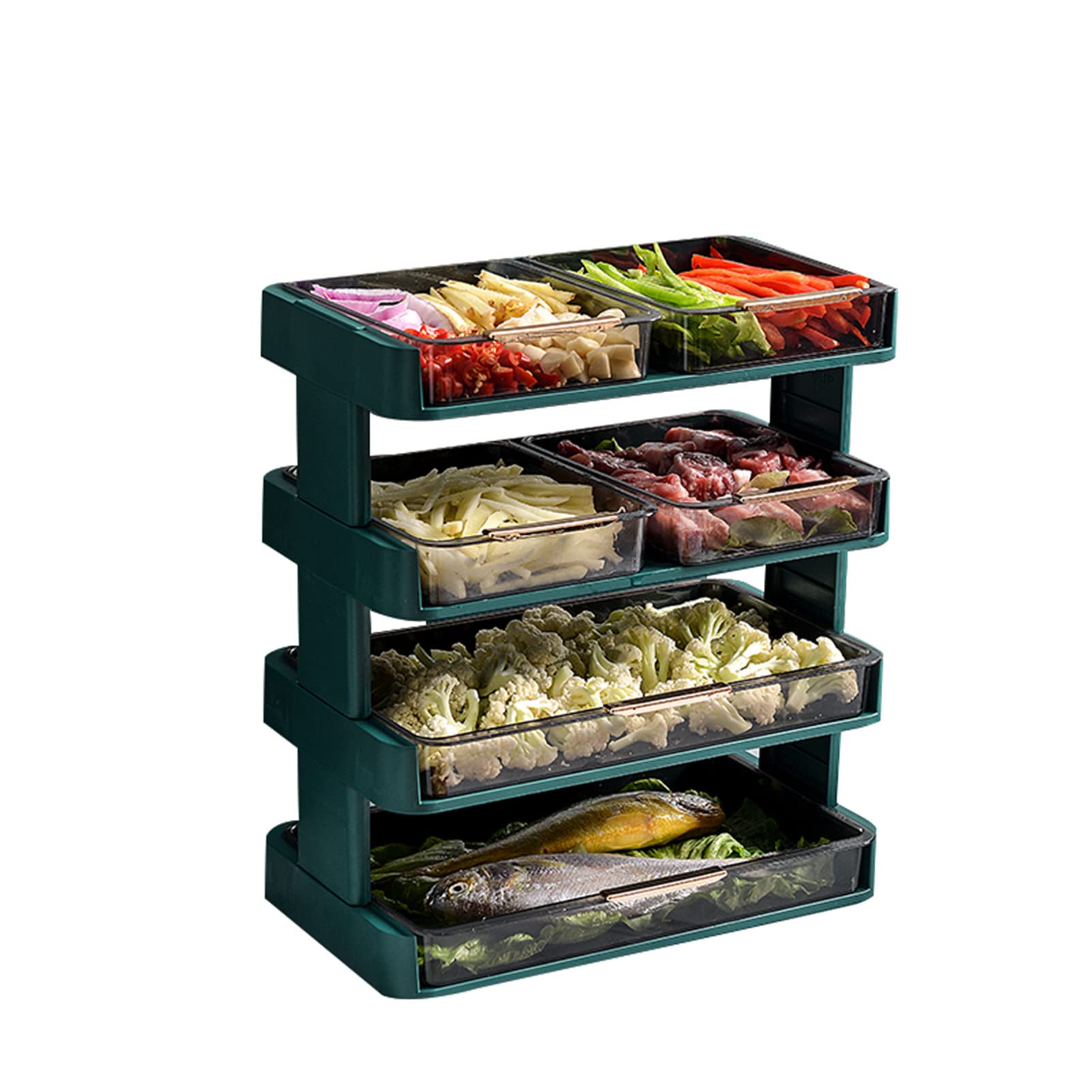 XINGAKA 4-Tier Kitchen Prep Tray Organizer with Pull-Out Drawers - Green Vegetable & Fruit Preparation Stand for Hot Pot, Salad, Meal Prep - Space Saving Food Storage Rack for Countertop, Restaurant, Buffet