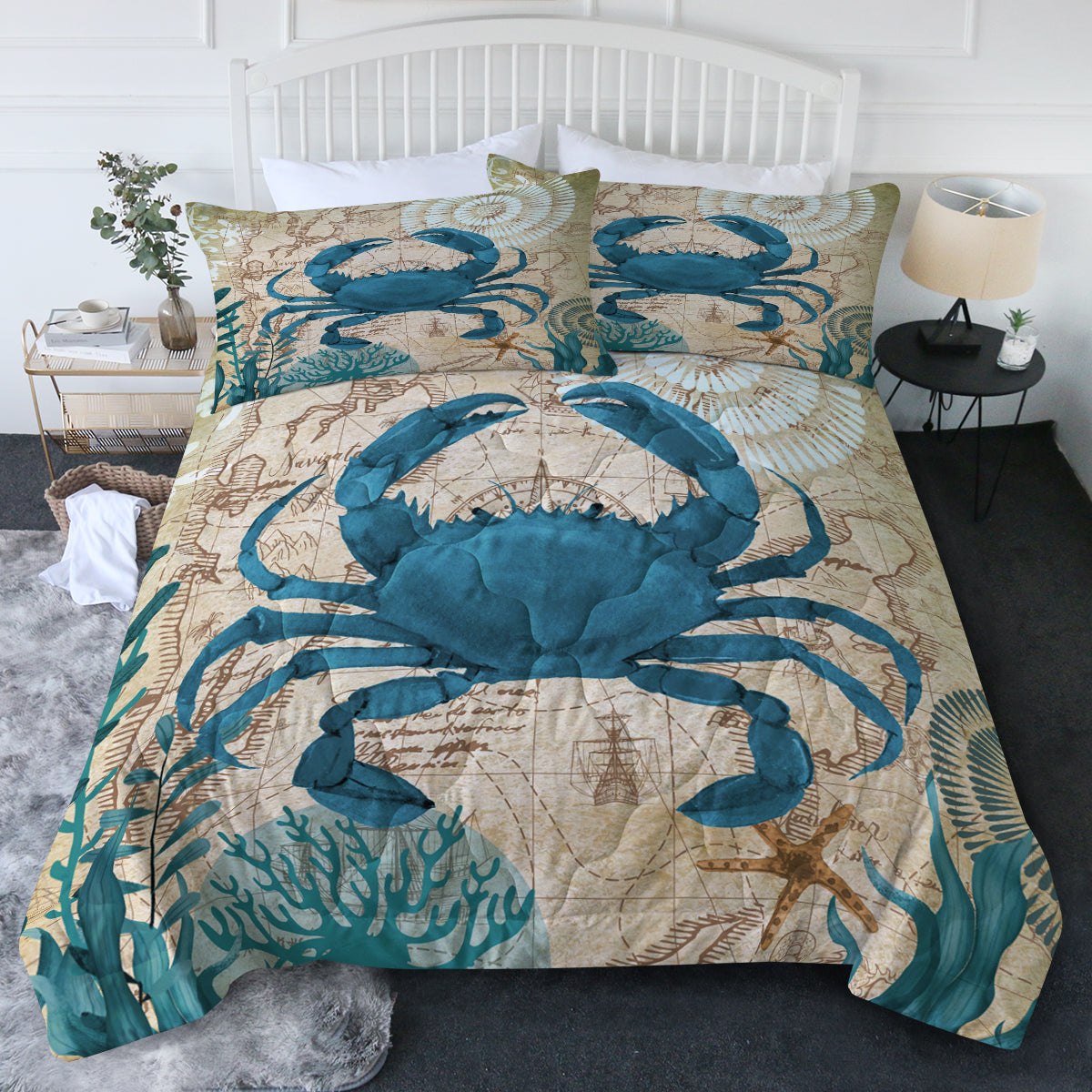 Crab Love Comforter Set - King Size 7-Piece Bedding Set with Duvet Cover, Pillowcases & Shams - Soft Microfiber Crab Pattern Comforter for Coastal & Beach Themed Bedroom Decor