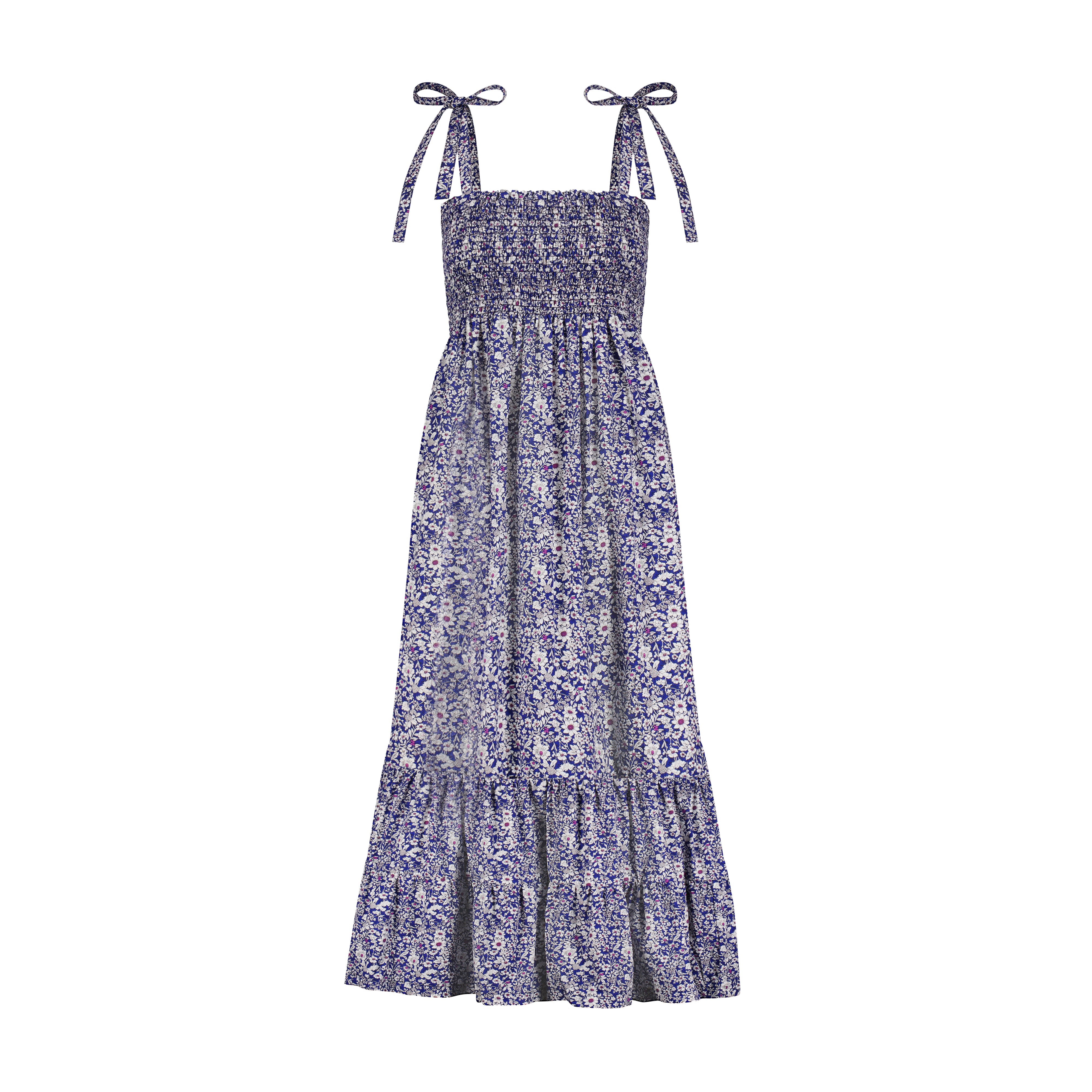 Queen B India Women's Smocked Shoulder Tie Maxi Dress - Navy Blue Floral Print Summer Beach Dress for Vacation, Party & Casual Wear