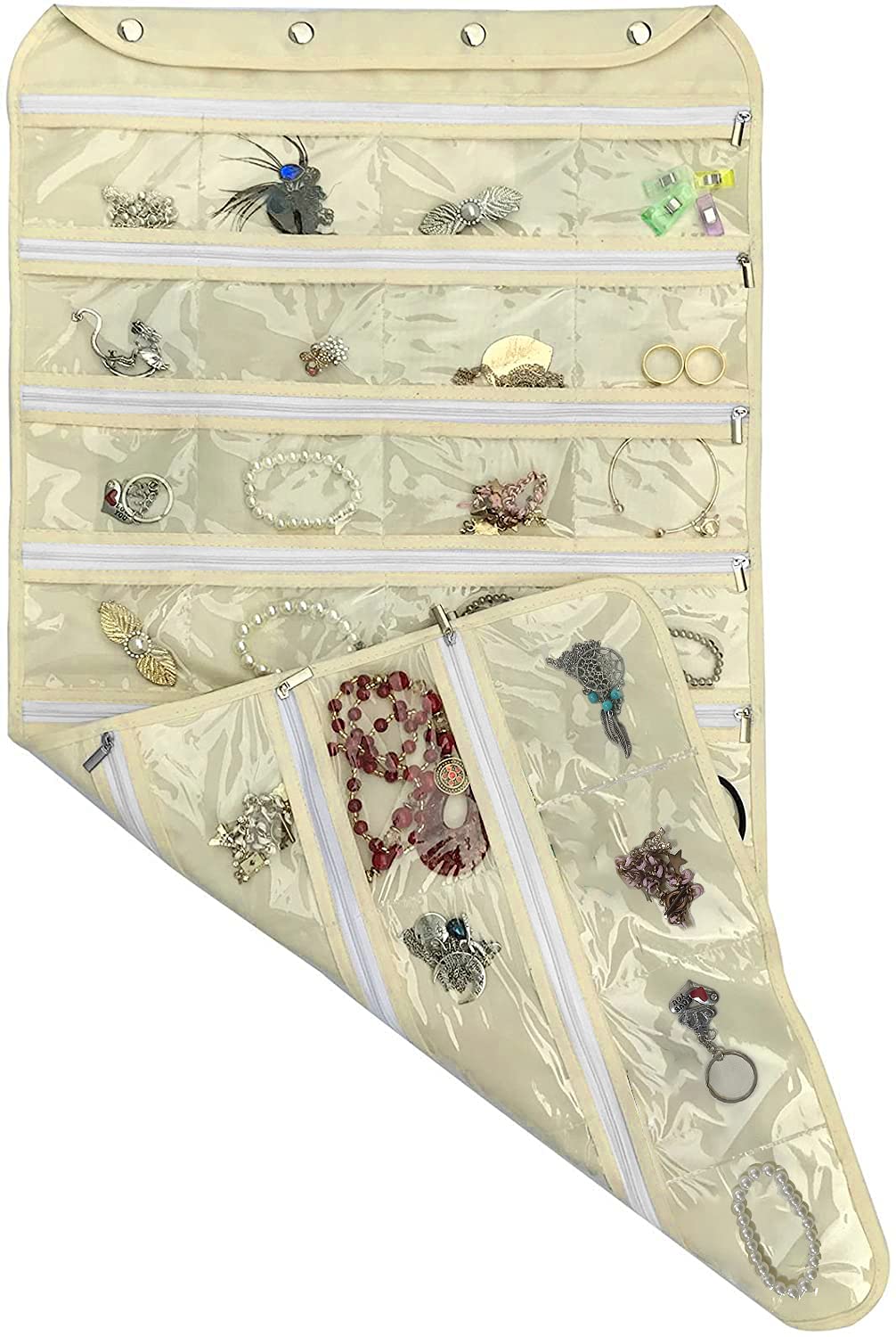 BB Brotrade Double-Sided Hanging Jewelry Organizer with 80 Clear PVC Zipper Pockets - Perfect for Necklaces, Bracelets, Rings & Earrings Storage | Ideal for Travel, Closet & Bedroom Organization