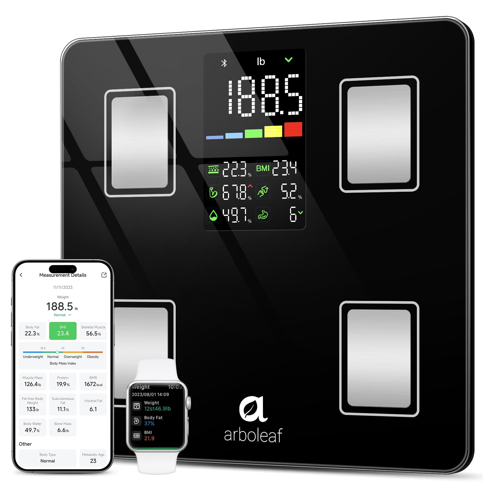 Arboleaf Smart Digital Bathroom Scale - Bluetooth BMI Body Fat & Muscle Mass Analyzer, 14 Body Composition Metrics, Large LED Display, Accurate Weighing Machine up to 400lbs, 11 Inch, App Sync for Health Tracking - Perfect for Home Gym, Weight Loss & Fitness Enthusiasts