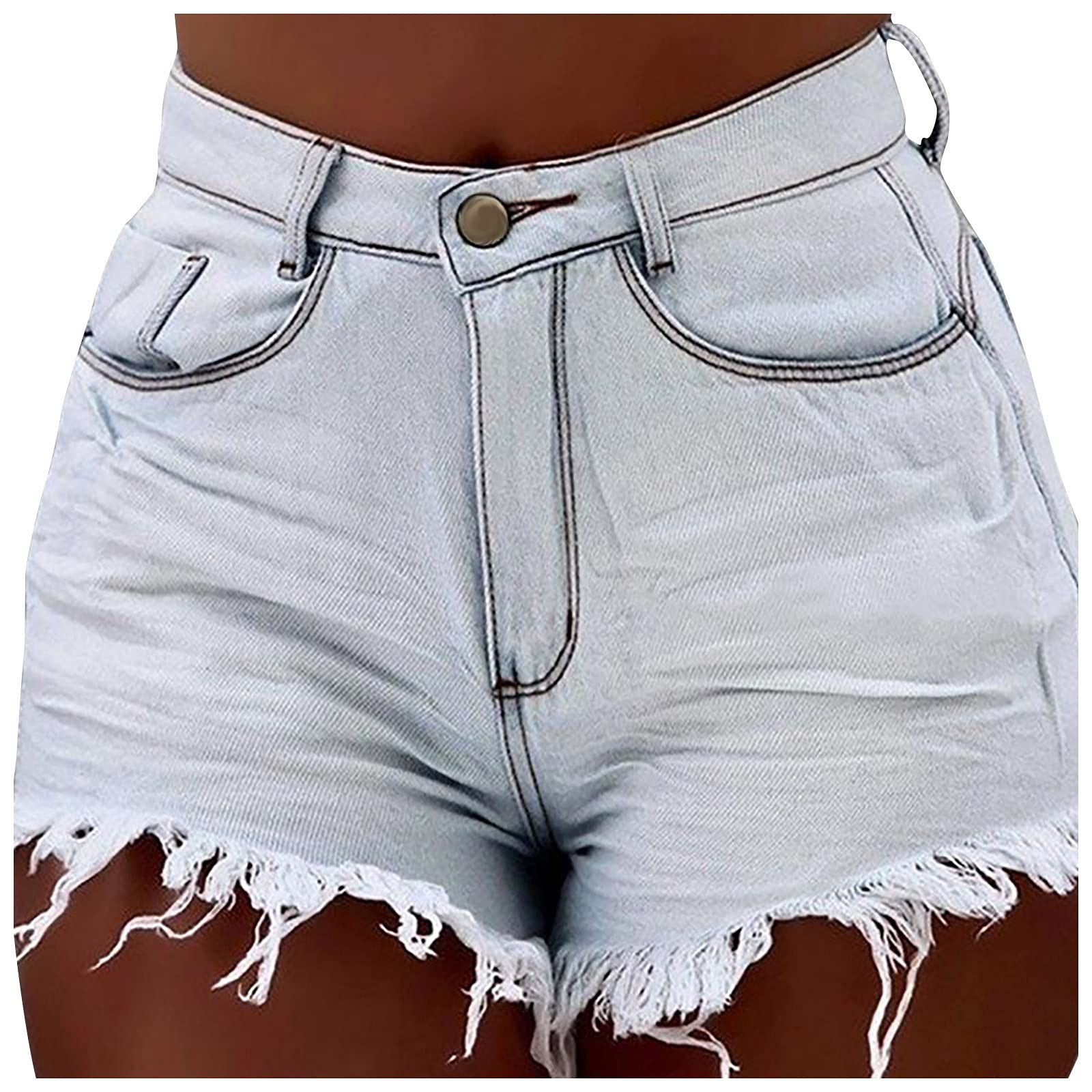 Women's Stretch Denim Shorts with Frayed Edge & Ripped Details - High Waist Summer Denim Shorts for Casual Wear, Beach, and Outdoor Activities