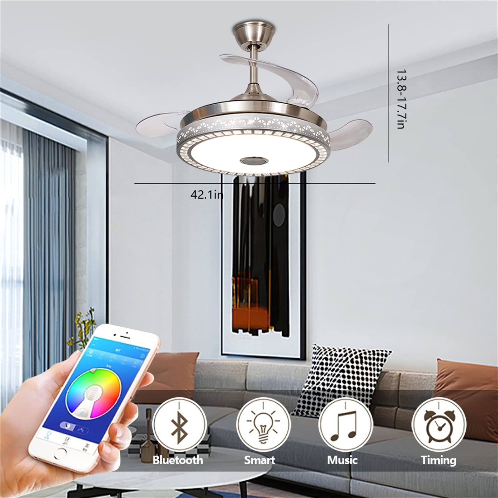 42 Inch Smart Ceiling Fan with LED Multi-Color Lights & Bluetooth Speaker - Remote Control, 7 Color Options & 6 Speed Settings - Modern Home Cooling Fan for Living Room, Bedroom, Party & Outdoor Gatherings