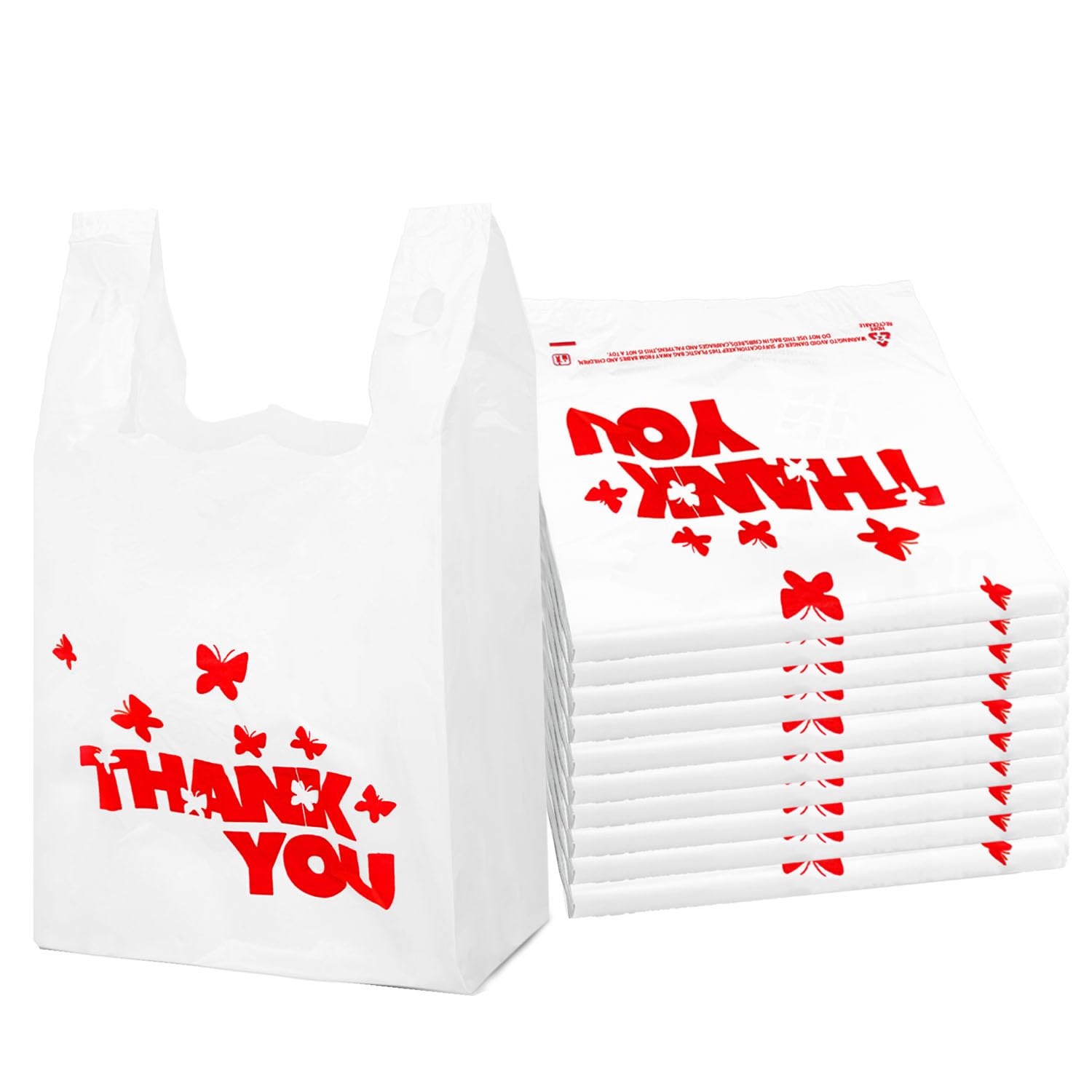 100PCS White Thank You Bags - Reusable & Disposable T-Shirt Grocery Bags for Small Business, Takeout, Retail | Perfect for Shopping, Food Delivery, Party Favors & Gift Packaging