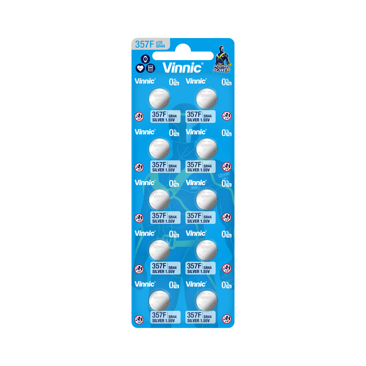 Vinnic Silver Oxide Button Cell 357F / SR44 (1.55V) - 10 Pack - Long Lasting Battery for Watches, Calculators, Medical Devices & More