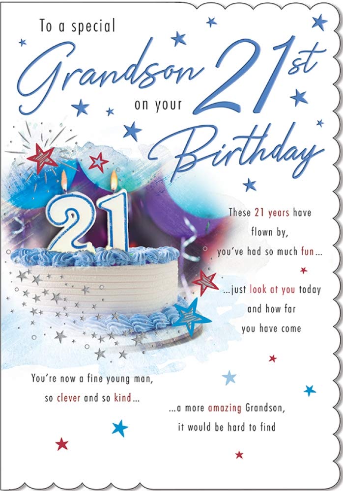 21st Birthday Card for Grandson - Traditional Milestone Greeting Card (9x6 inches, White & Grey) - Perfect for Celebrating Special Moments & Gifts