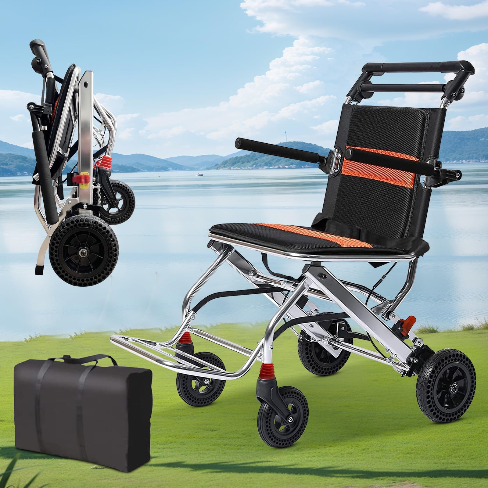 AvgnLxqe Lightweight Folding Wheelchair - Portable Transport Chair with Handbrake for Elderly & Kids (220Lbs Capacity) | Ideal for Travel, Hospital Visits & Outdoor Activities