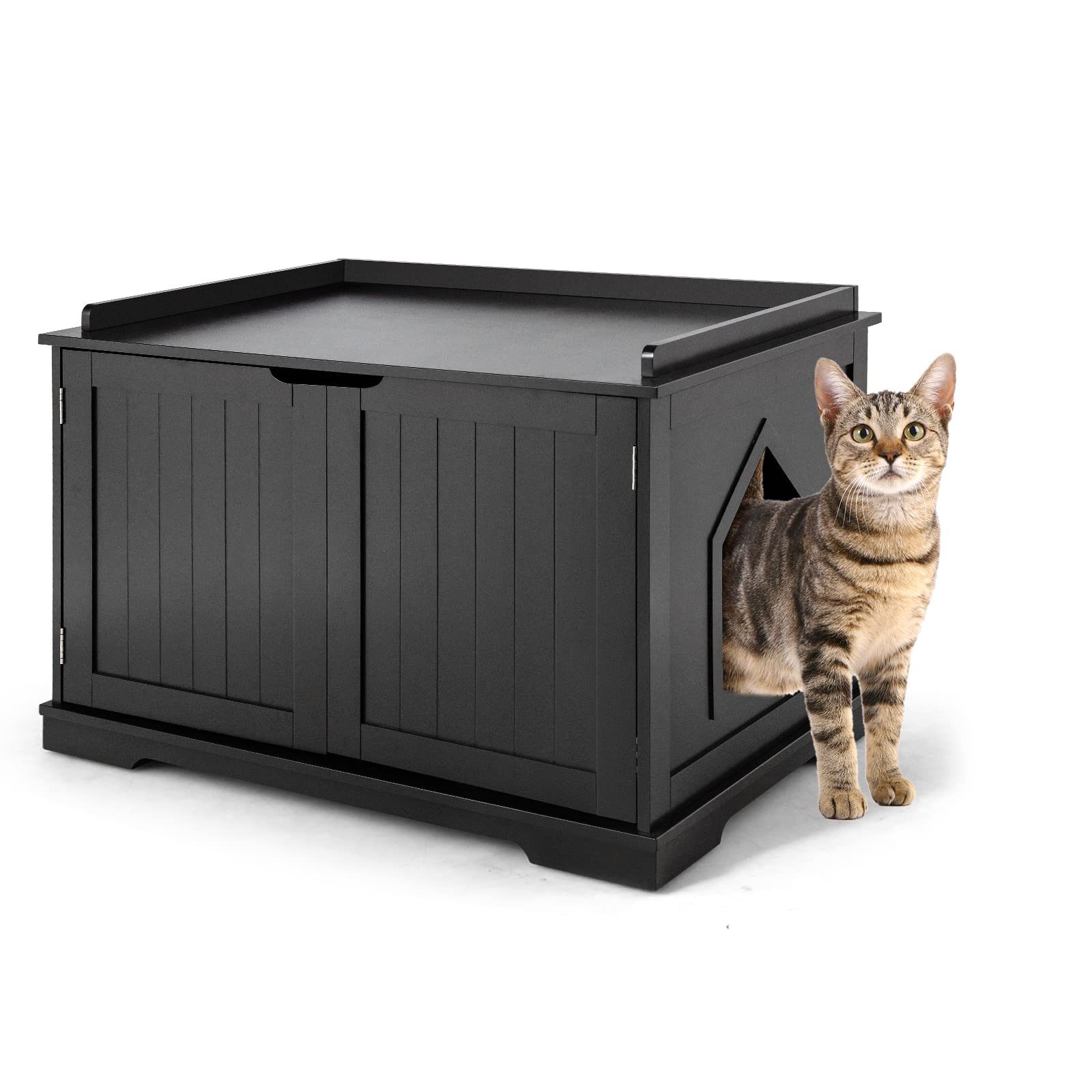 PETSITE Wooden Cat Litter Box Enclosure - Hidden Litter Box Bench with Double Doors, Removable Divider & Storage Shelf | Stylish Cat Litter Box Furniture for Home, Living Room or Bedroom (Black)
