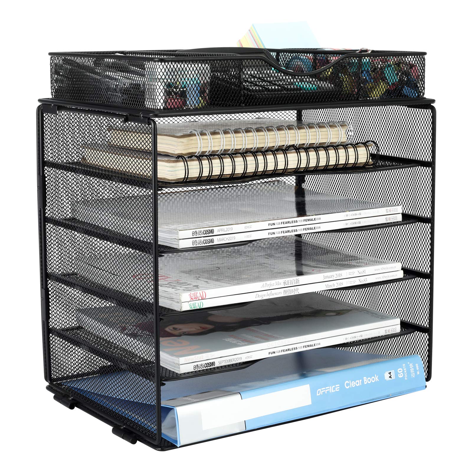 5-Tier Mesh Desk Organizer with Drawer - Black File Sorter & Paper Storage Tray for Home, Office, Classroom Organization | Perfect for Documents, Stationery, and Office Supplies