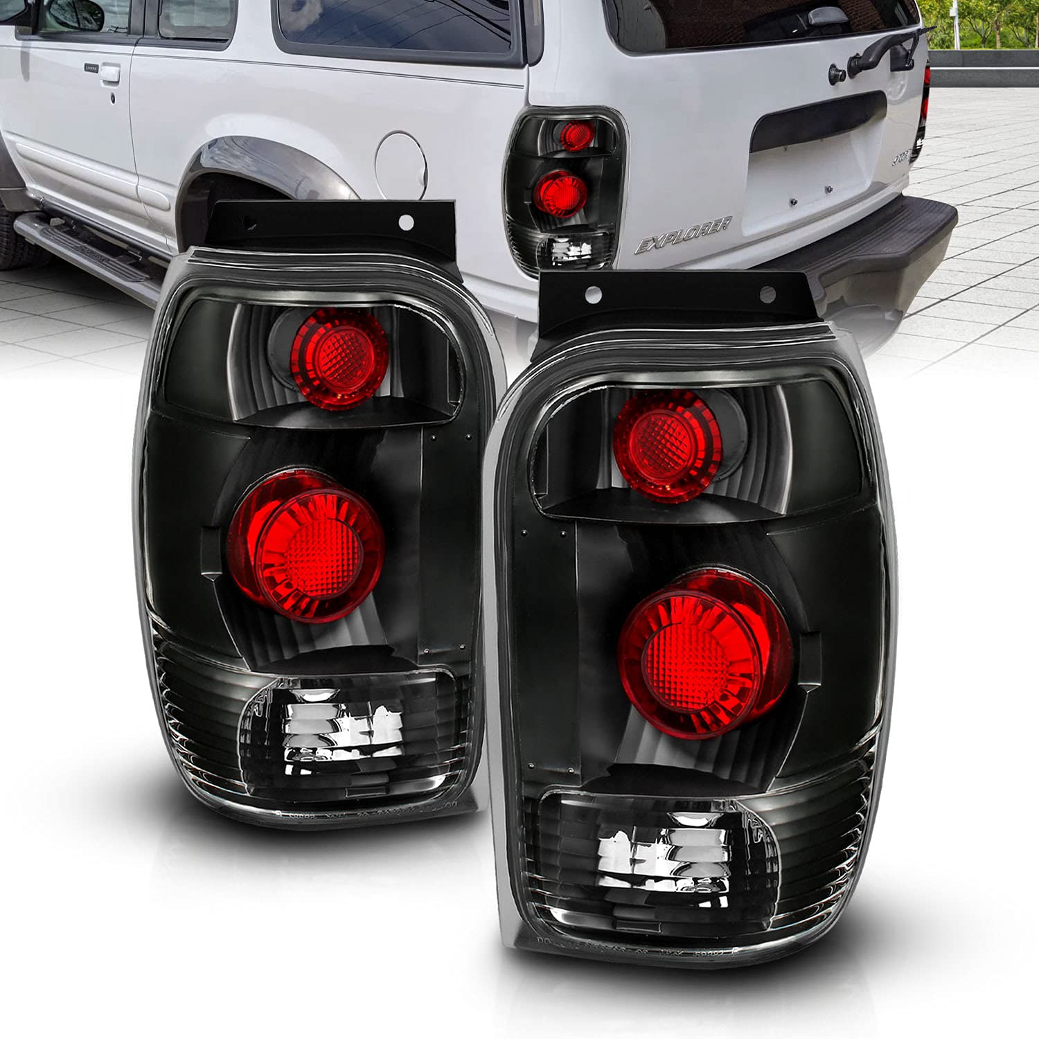 AmeriLite Black Replacement Brake Tail Lights Set for 1998-2001 Ford Explorer - Left & Right Side - Durable LED Lights for Enhanced Safety & Style - Perfect for Off-Roading & Night Driving