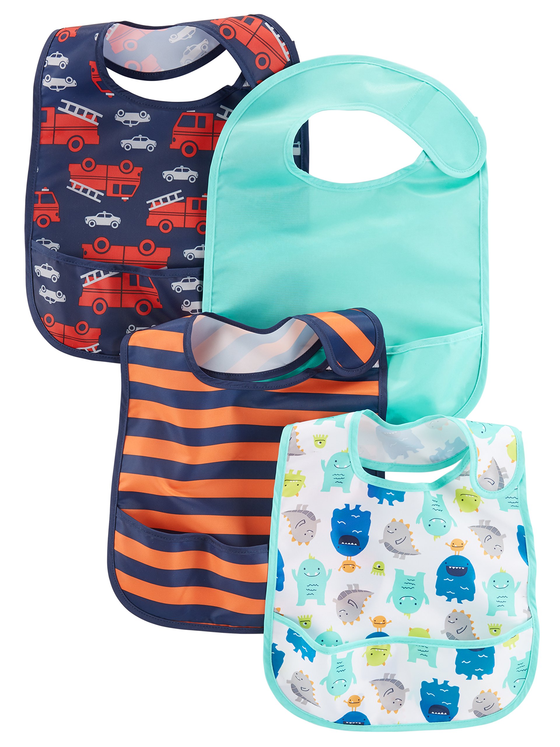 Carter's Baby 4-Pack Feeder Bibs for Boys & Girls | Soft Dribble Bibs with Fire Truck, Monster & Stripe Designs | One Size Adjustable | Perfect for Mealtime, Drool Protection & Toddler Feeding