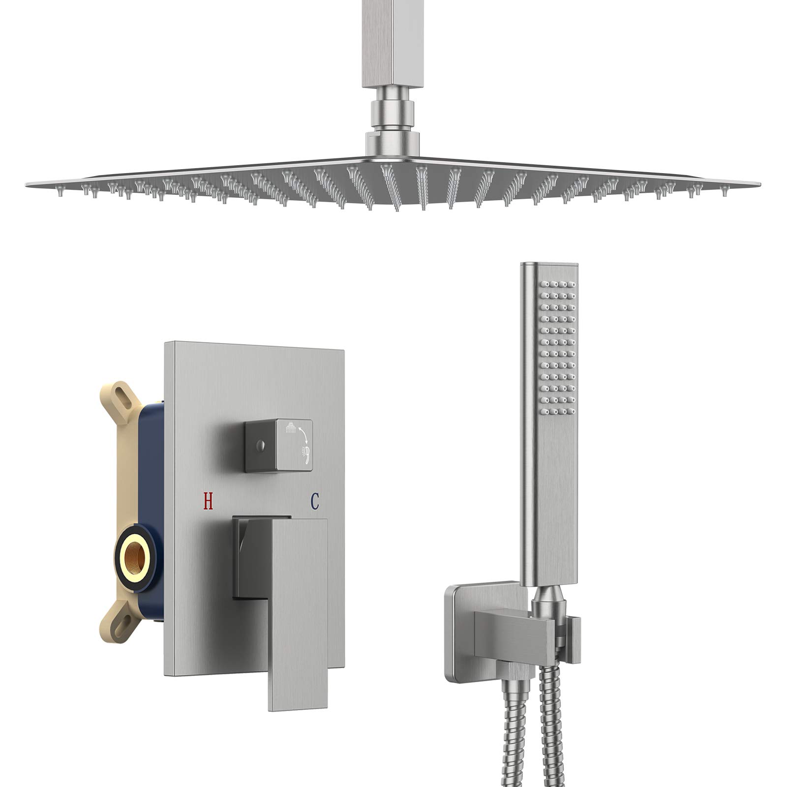 Iriber Ceiling Mount Rain Shower System - 8 Inch Rainfall Shower Head with Handheld Spray, Shower Faucet Mixer and Trim Kit (Valve Included) in Brushed Nickel - Perfect for Modern Bathroom Renovation and Spa-Like Shower Experience