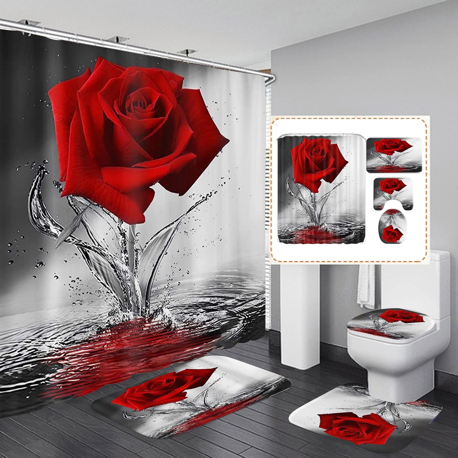 4PCS Romantic Red Rose Shower Curtain Set - Waterproof Bathroom Decor with Matching Rugs & Toilet Lid Cover - Perfect for Valentine's Day, Christmas, and Wedding Decorations - Elegant Floral Design for Master Bathroom or Guest Bathroom