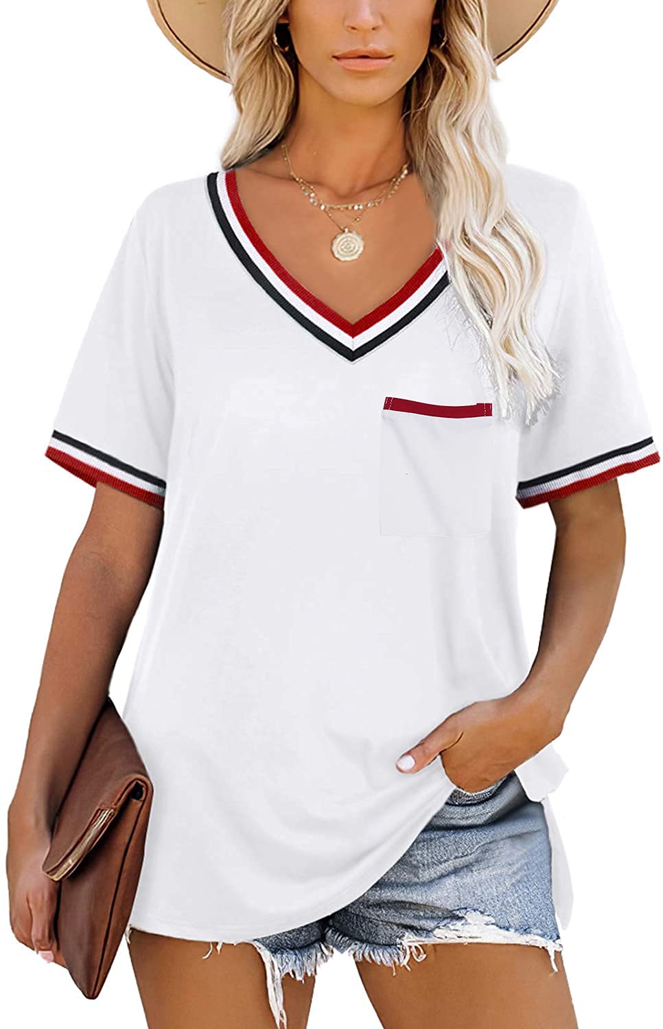 JULYCLO Women's Loose Fit V-Neck T-Shirt with Side Split & Pocket - Casual Short Sleeve Tee for Everyday Wear, Work & Weekend Outfits