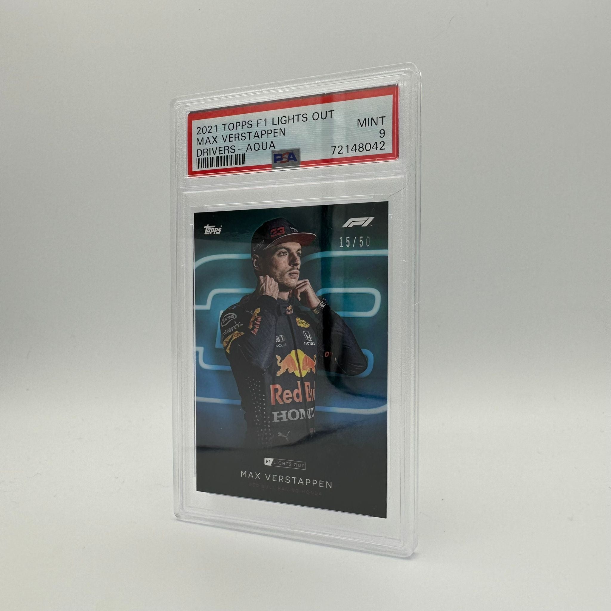 PSA 9 Graded 15/50 Max Verstappen Aqua Parallel Racing Card - Rare Collectible for F1 Fans & Sports Memorabilia Enthusiasts (Perfect for Display, Trading, and Investment)