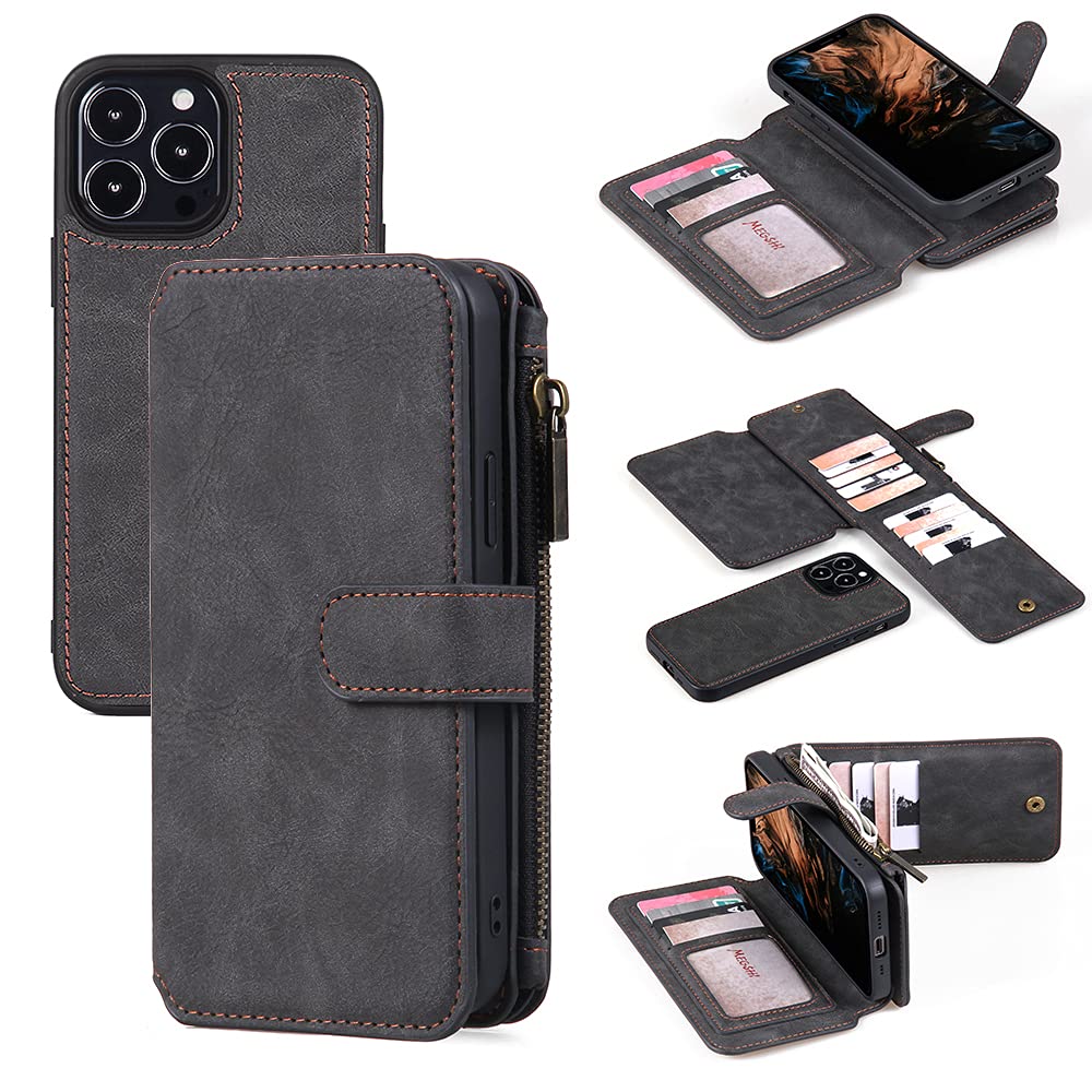 Premium Magnetic Detachable Leather Wallet Case for iPhone 13 Pro Max (6.7 Inch) - 2-in-1 Design with 14 Card Slots & Strong Magnetic Closure | Perfect for Everyday Use, Travel, and Business (Black)
