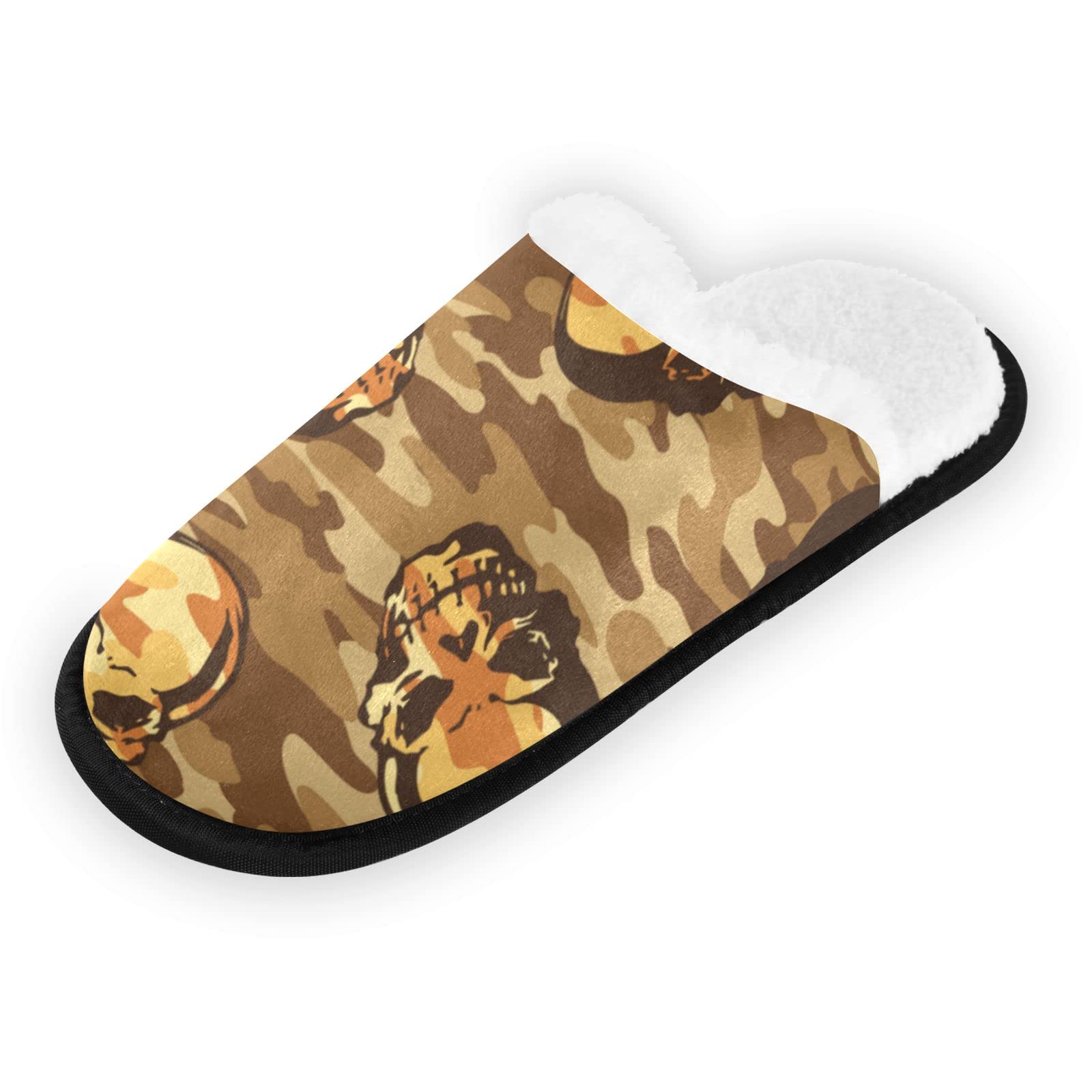 Retro Skull Camouflage House Slippers for Women - Non-Slip Fuzzy Warm Plush Indoor/Outdoor Travel Slippers - Cozy Soft Home Shoes for Winter, Lounge & Hotel Use