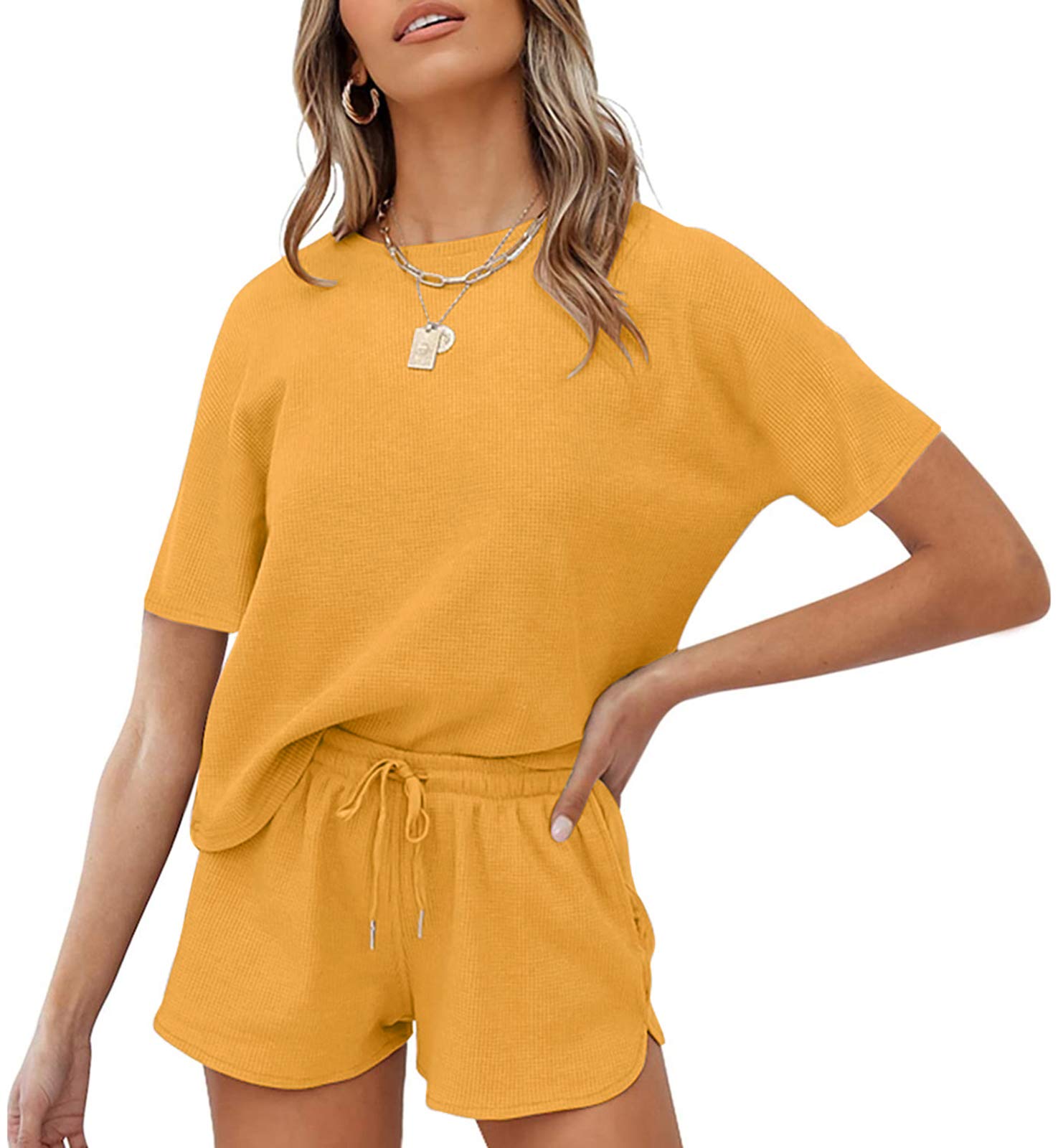 MEROKEETY Women's Waffle Knit Pajama Set - Short Sleeve Top & Lounge Shorts 2-Piece Sleepwear for Nightwear, Loungewear & Home Relaxation