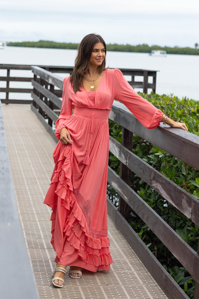 Lucky To Have You Coral Maxi Dress for Women - Flowy Summer Beach Dress with Pockets, Boho Chic Wedding Guest Dress, Perfect for Vacations & Date Nights