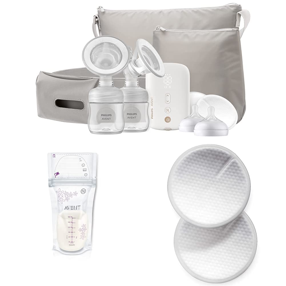 Philips Avent Double Electric Breast Pump with 50 Breast Milk Storage Bags (6oz) & 100 Disposable Nursing Pads - Complete Breastfeeding Bundle for New Moms - Perfect for Pumping, Storing Milk & Leak Protection at Home or Work