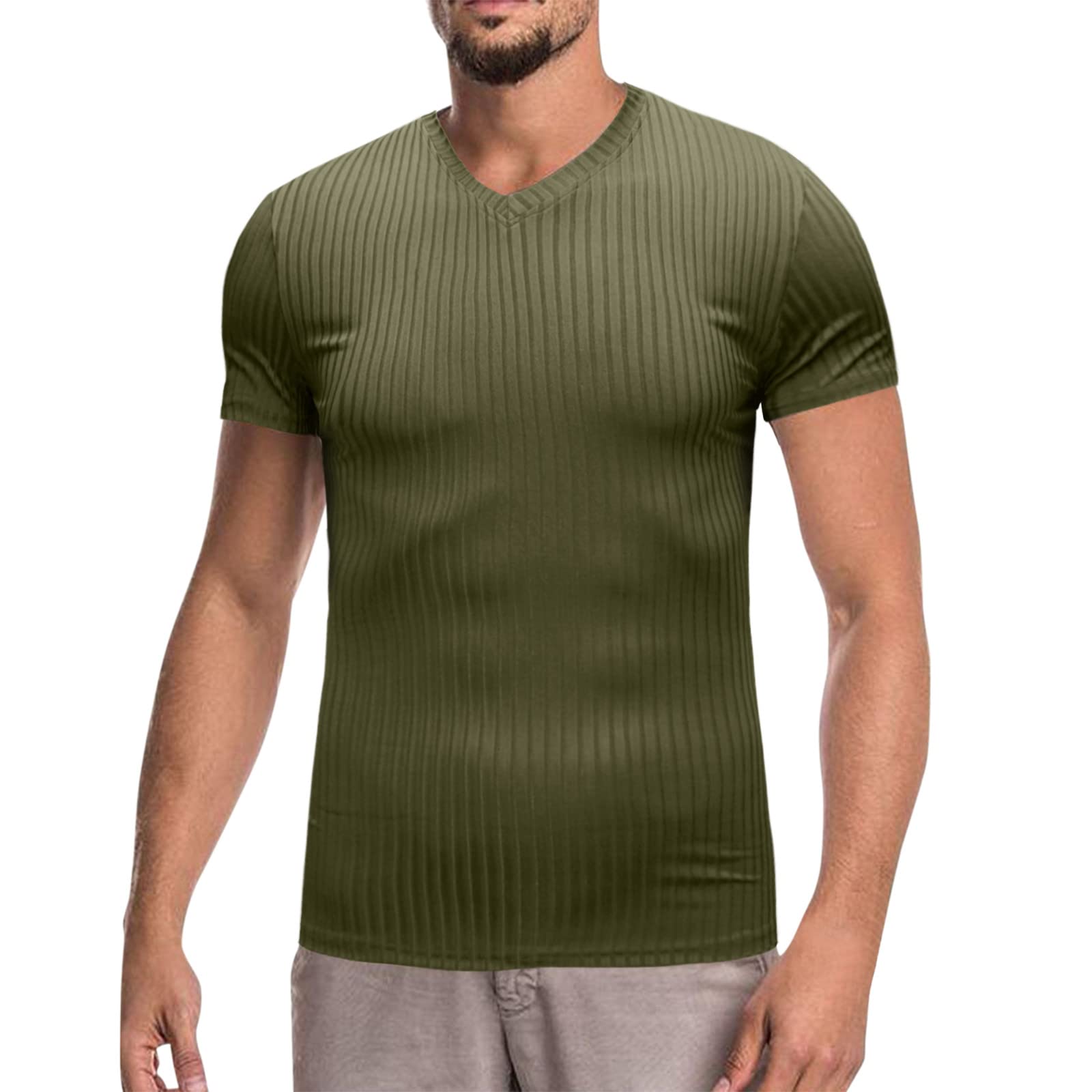 XXBR Men's V Neck Knit Rib Short Sleeve T-Shirts - Slim Fit Casual Summer Tee for Athletic Workout & Sports | Gym, Running, Outdoor Activities