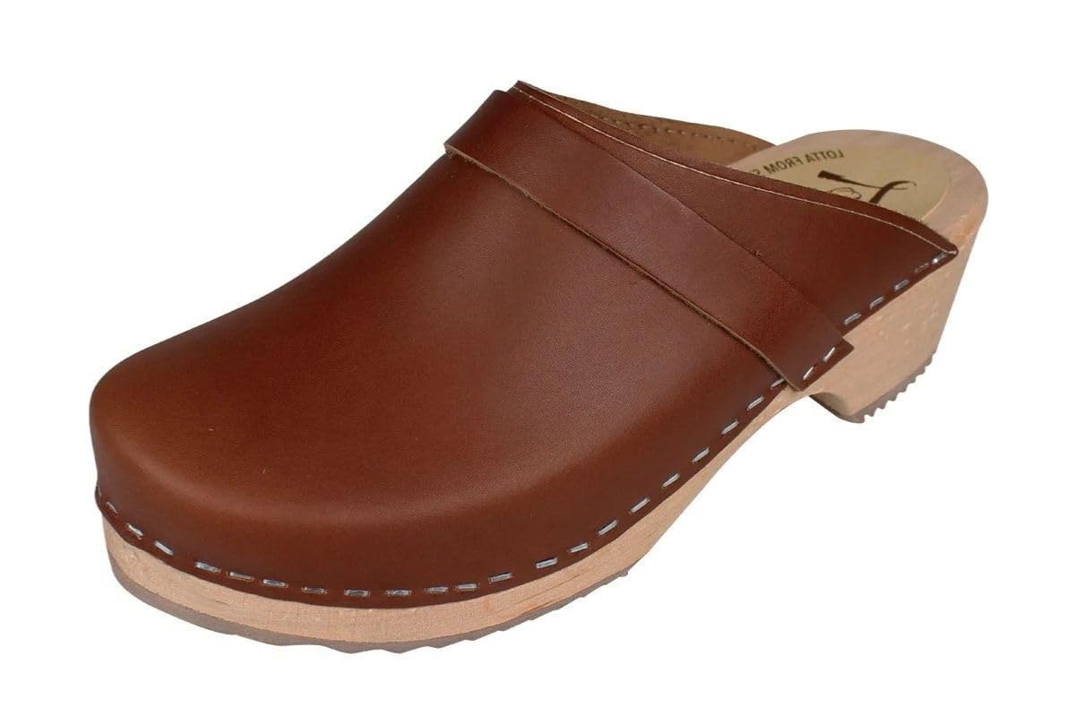 Swedish Classic Clog Mules for Women - Comfortable Low Heel Slip-On Wooden Shoes with Supportive Alder Wood Base & Genuine Leather (Cinnamon) | Perfect for Gardening, Nursing, or Casual Everyday Wear