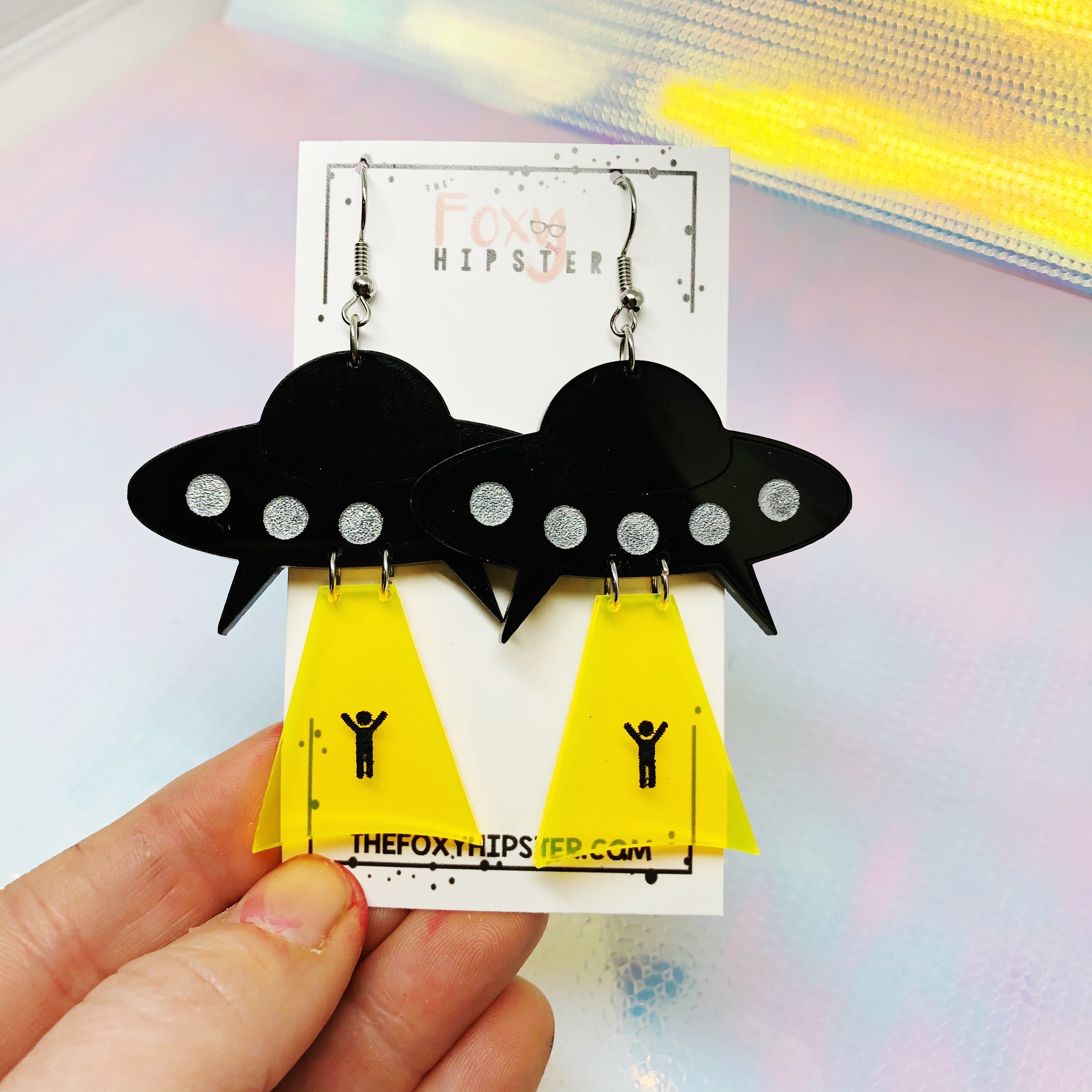 Fluorescent Yellow UFO Take Me Dangle Earrings - Fun Alien-Themed Statement Jewelry for Parties, Raves & Unique Fashion