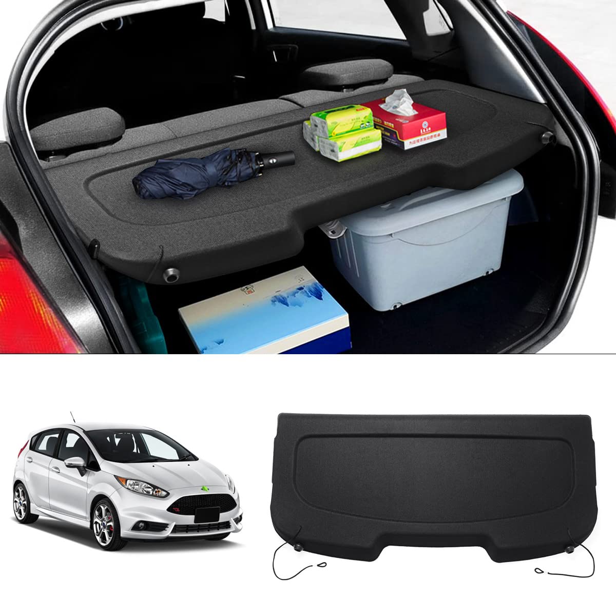 Powerty Cargo Cover for Ford Fiesta Hatchback 2011-2019 | Trunk Security Shield & Shade | Heavy-Duty Black Cargo Liner | Protects Belongings & Blocks Sun | Perfect for Road Trips, Grocery Hauling & Outdoor Adventures