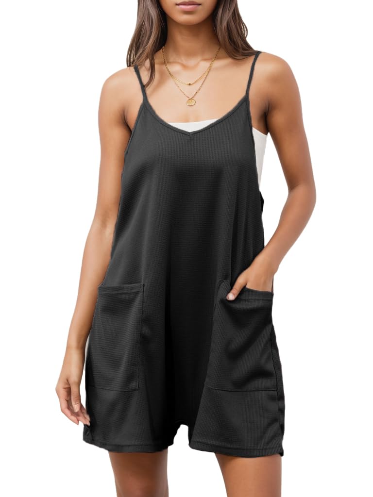 Women's Summer Casual Waffle Knit Romper - Loose Fit Spaghetti Strap Sleeveless Jumpsuit with Pockets | Beach Outfit, Vacation Wear, Street Style Fashion