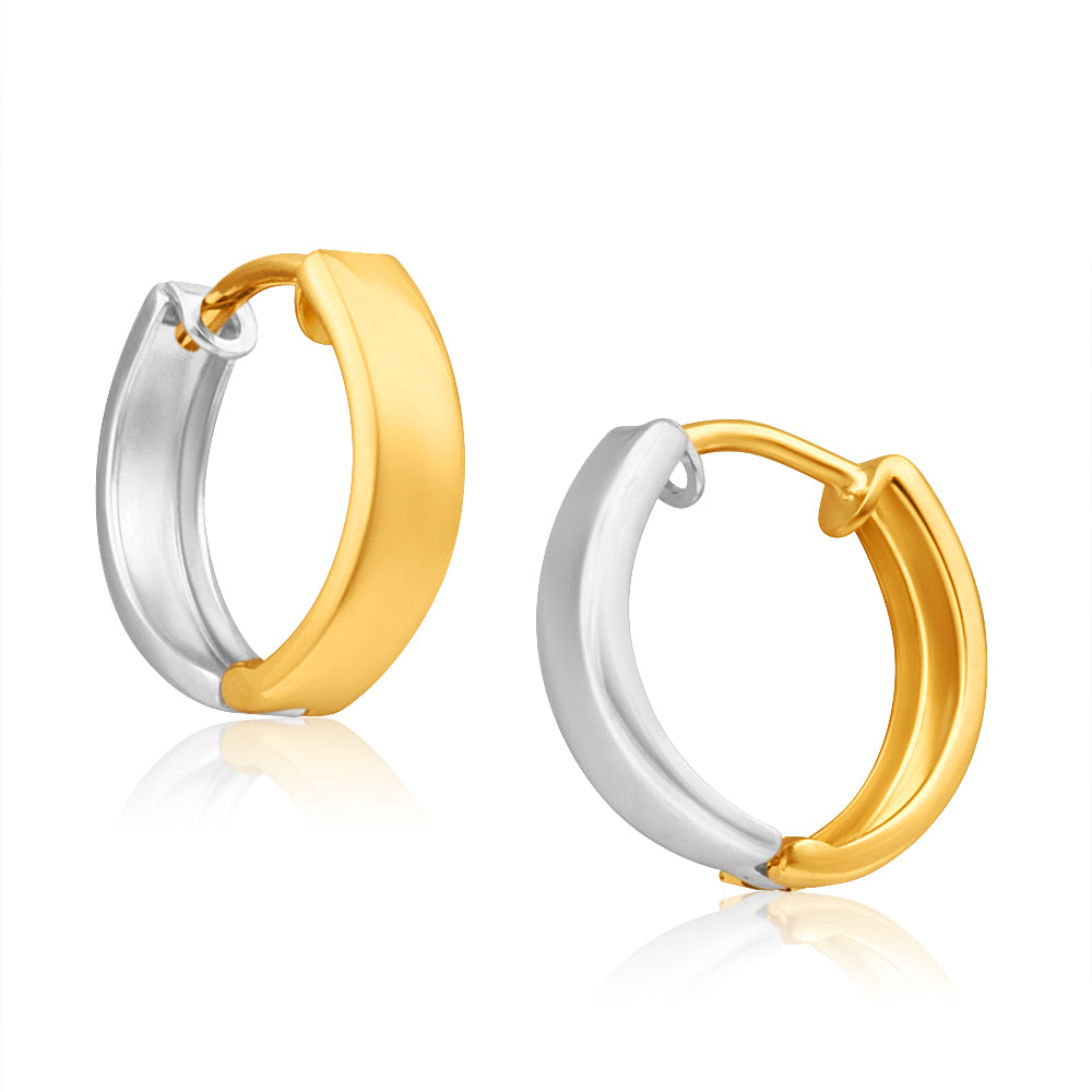 9ct Yellow Gold & White Gold Huggie Hoop Earrings for Women - Minimalist Everyday Jewelry for Work, Date Night & Special Occasions