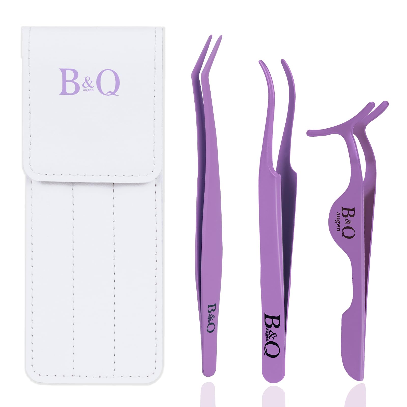B&Qaugen 3-Piece False Eyelash Applicator Set - Professional DIY Eyelash Extension Tweezers Kit (Purple) for Perfect Lash Application at Home, Salon, or Party